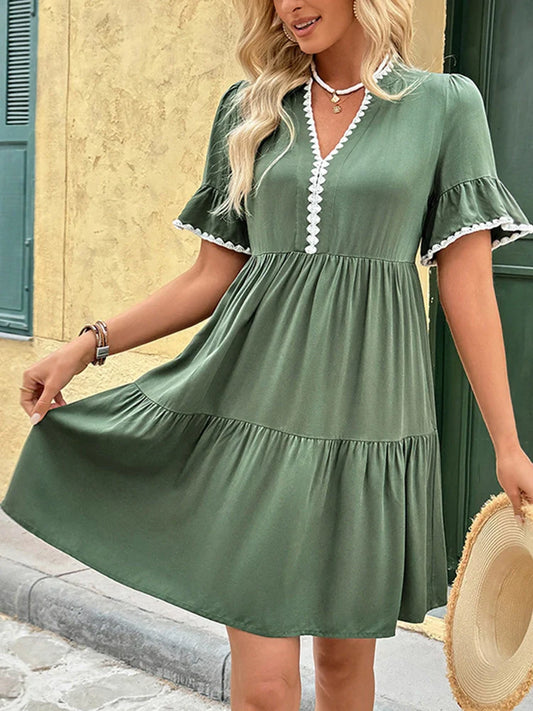 Womens Resort V Neck Short Sleeve Lace Ruffle Mini Dress