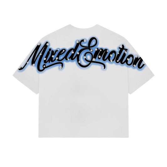 Mixed Emotions White Blue Rhinestone Cropped Tee