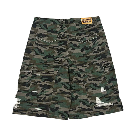 Bottega Desires Camo Cargo Distressed Shorts
