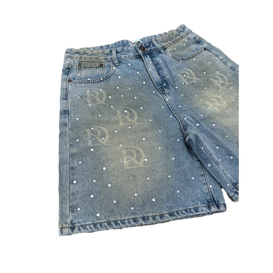 Dry Rot Light Blue Sand Wash Rhinestone Shorts