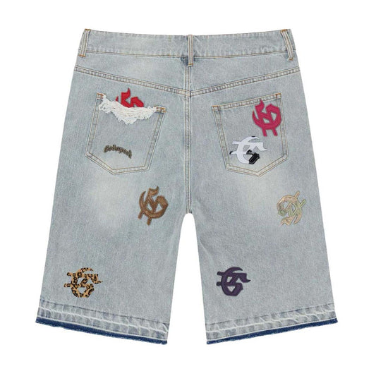 Godspeed Infinity Denim Shorts Blue Multi Color Patches