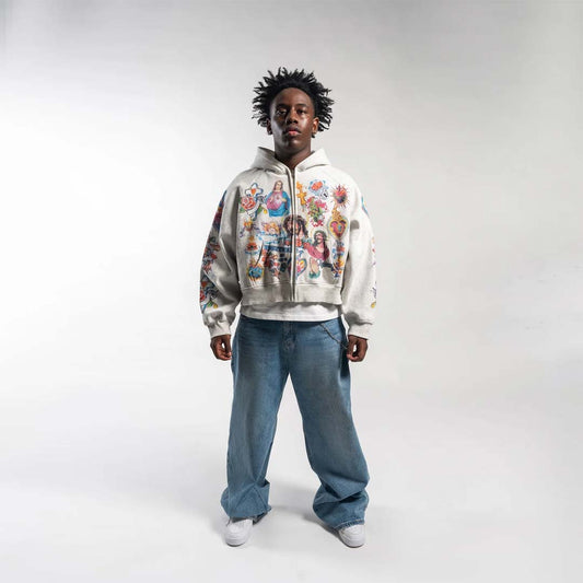 Righteous Risen King Cropped Zip Up Hoodie Grey