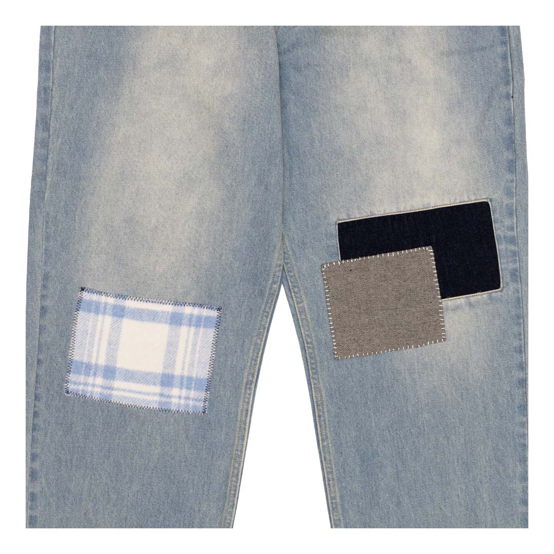Sinclair Country Patched Denim Washed Blue Jeans