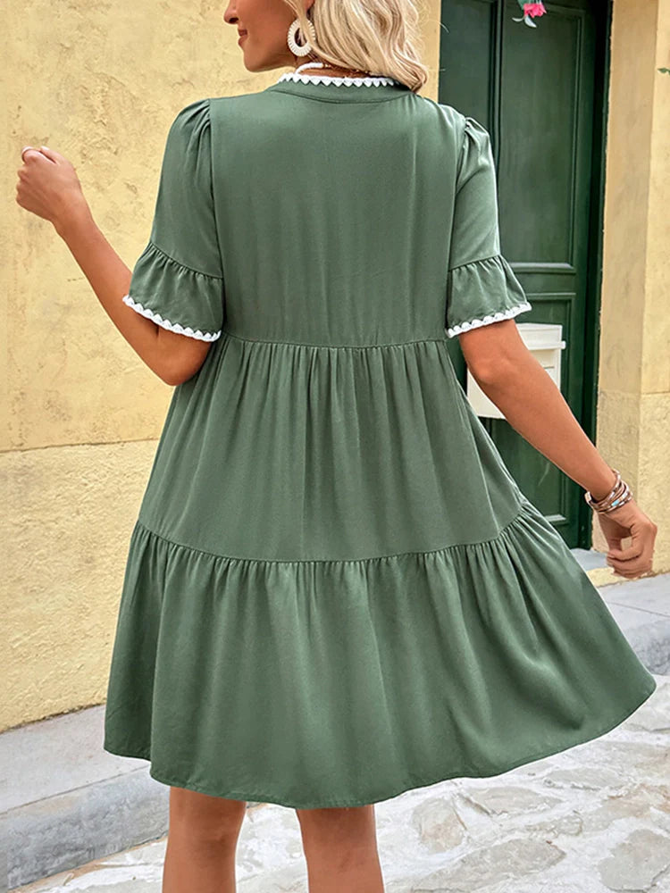 Womens Resort V Neck Short Sleeve Lace Ruffle  Mini Dress