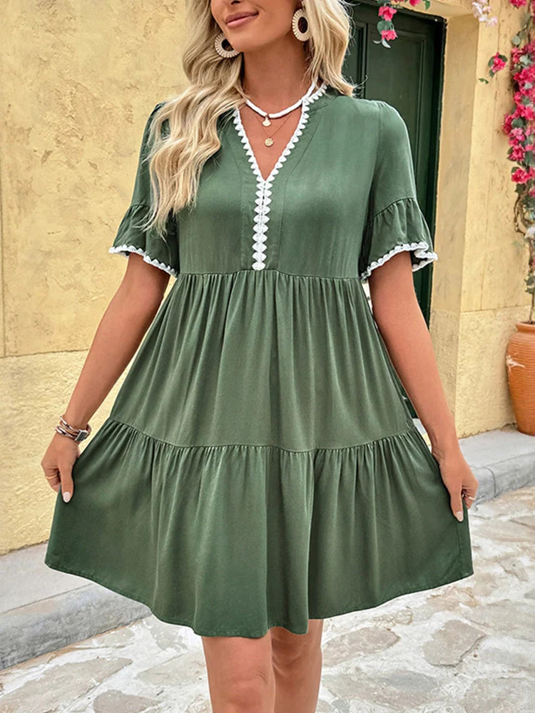 Womens Resort V Neck Short Sleeve Lace Ruffle  Mini Dress