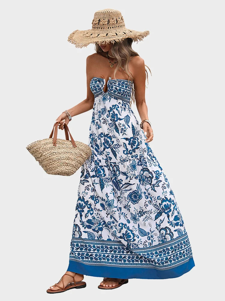 Floral Print Strapless Blue & White Resort Maxi Dress