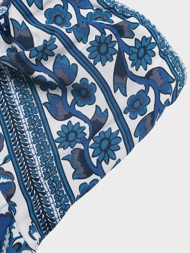 Floral Print Strapless Blue & White Resort Maxi Dress