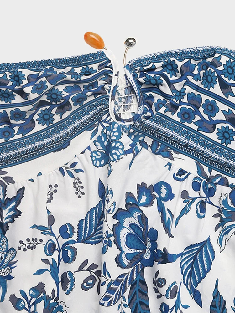 Floral Print Strapless Blue & White Resort Maxi Dress