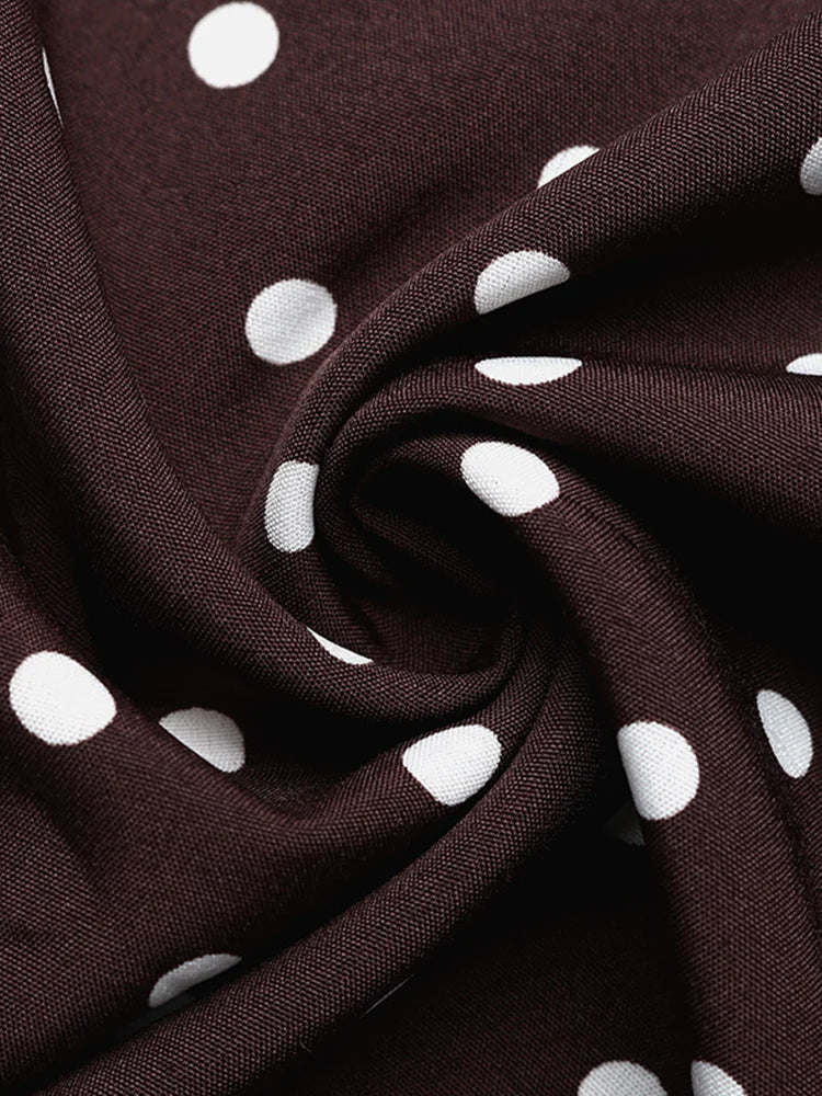 Polka Dot Satin Halter Dress – V-Neck A-Line Silhouette