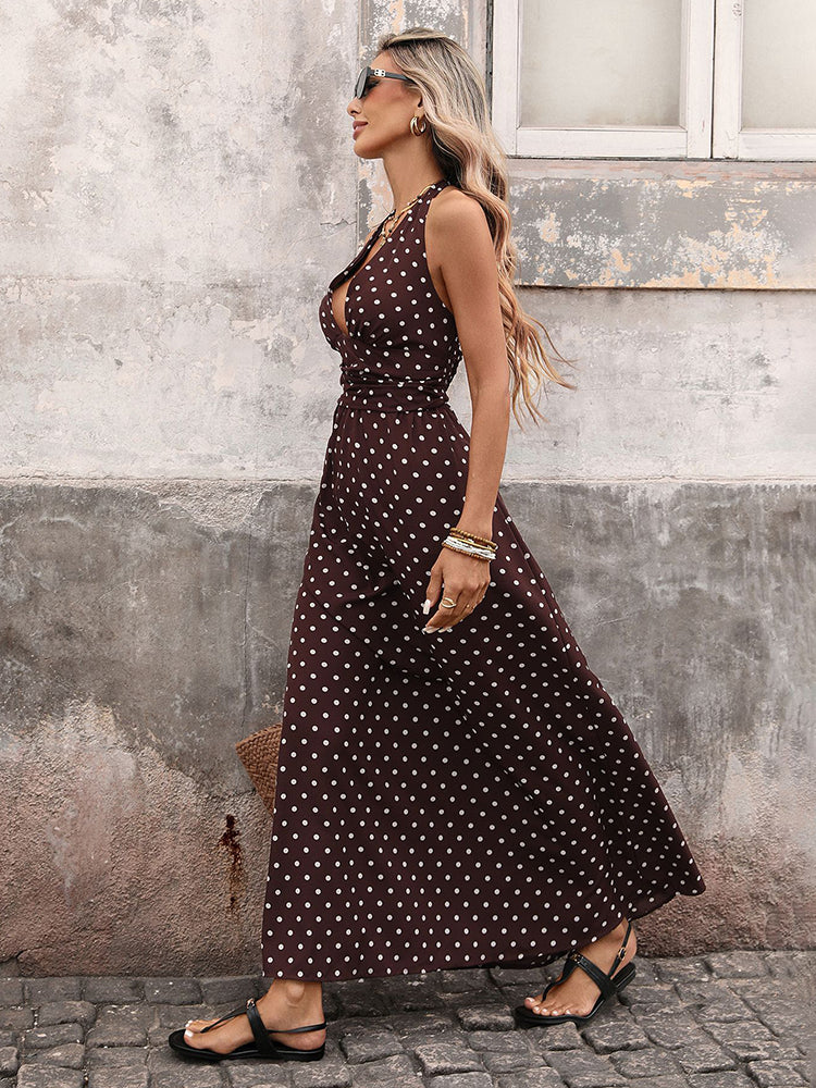 Polka Dot Satin Halter Dress – V-Neck A-Line Silhouette