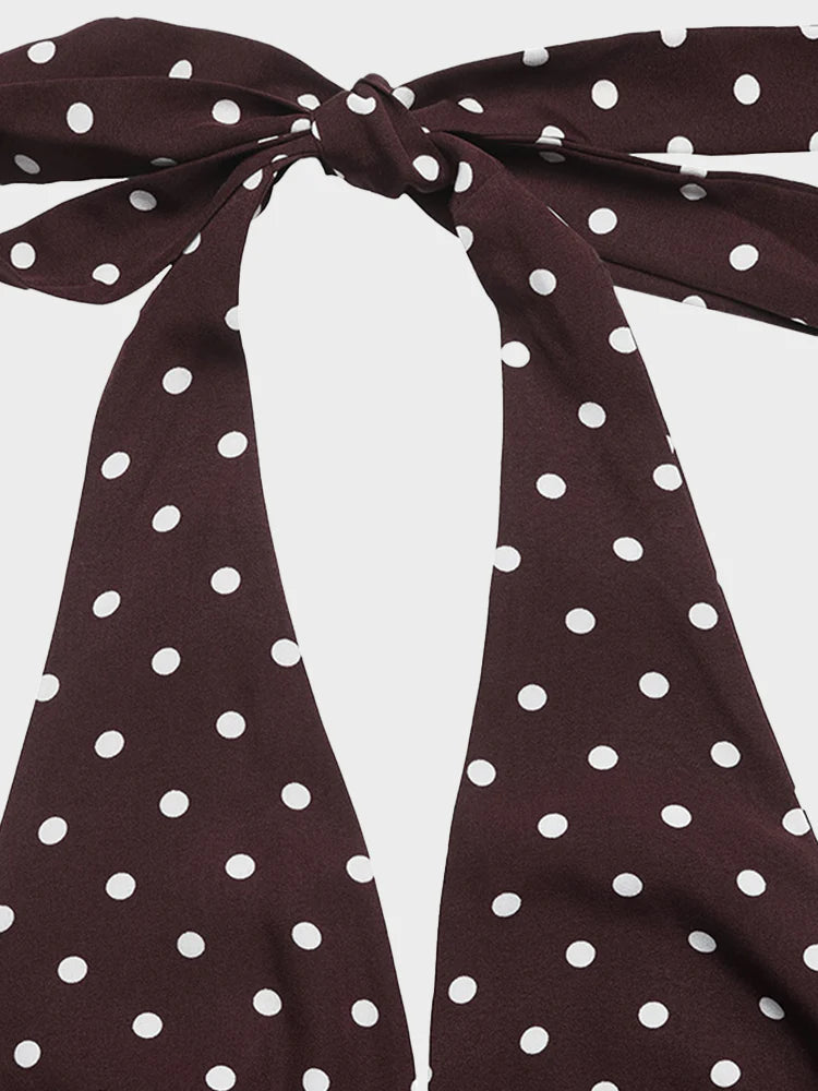 Polka Dot Satin Halter Dress – V-Neck A-Line Silhouette