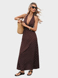 Polka Dot Satin Halter Dress – V-Neck A-Line Silhouette