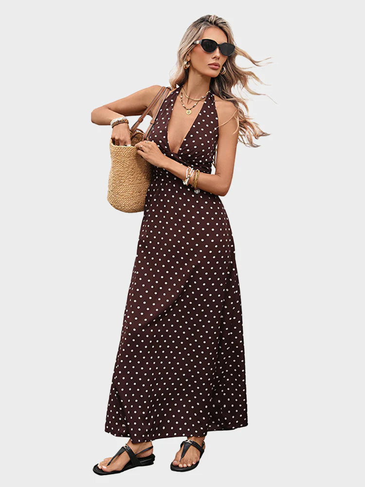 Polka Dot Satin Halter Dress – V-Neck A-Line Silhouette