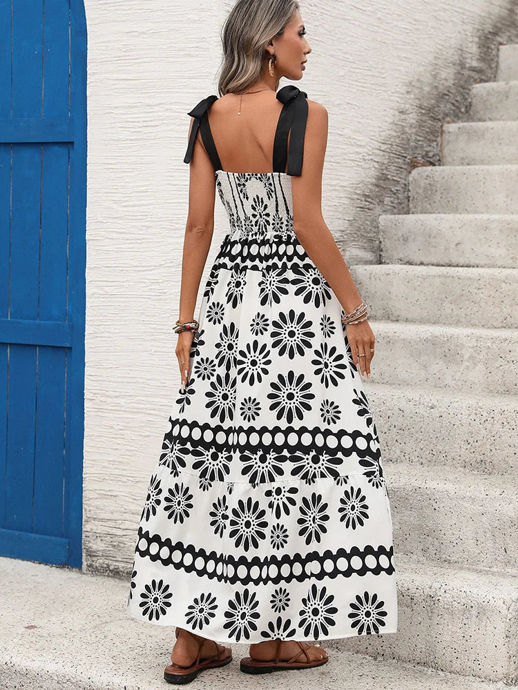 Printed Halter Backless Maxi Dress