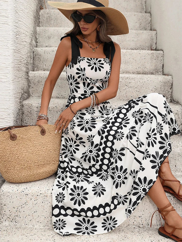 Printed Halter Backless Maxi Dress