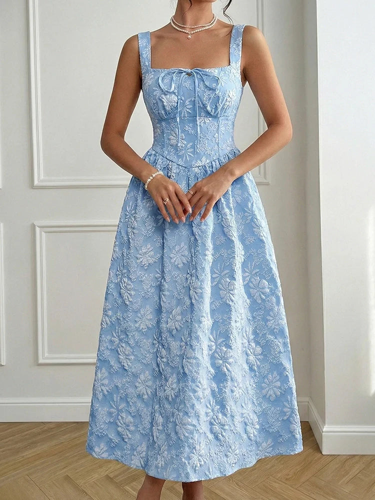 Women's Casual Sleeveless Square Neck Jacquard Flowy Maxi Dress