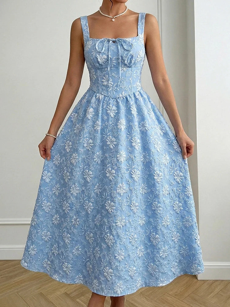 Women's Casual Sleeveless Square Neck Jacquard Flowy Maxi Dress