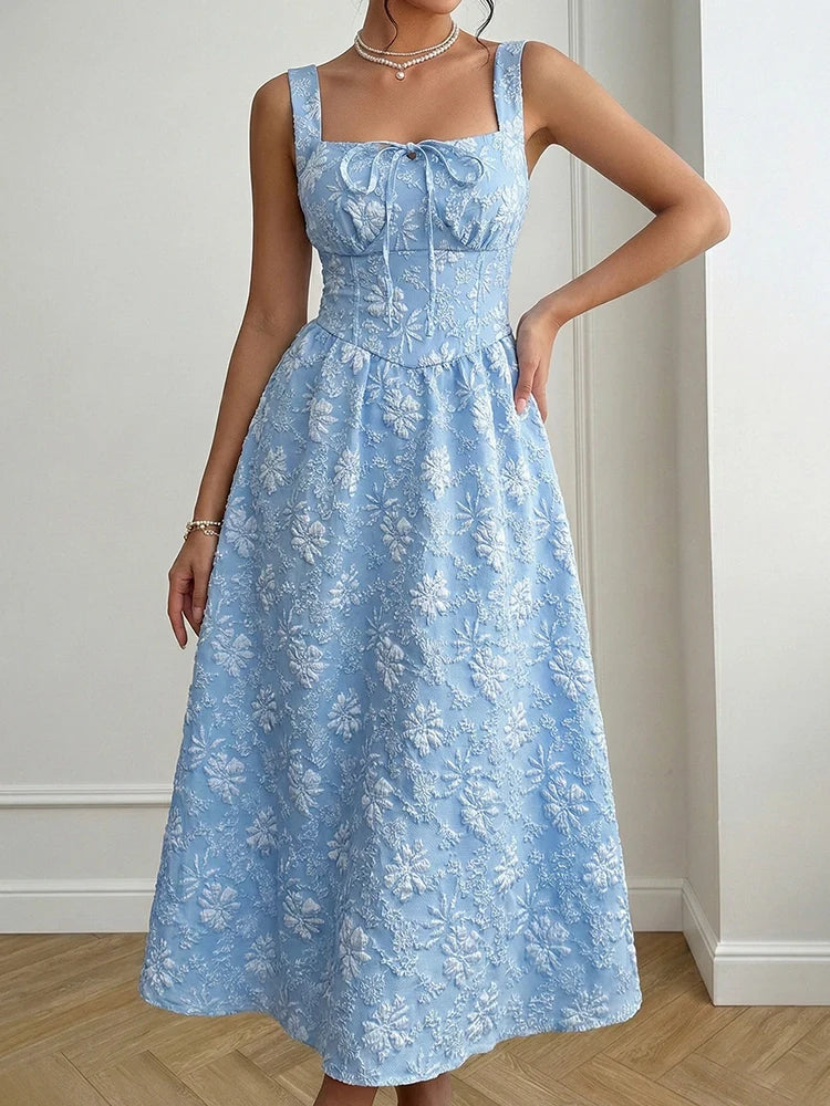 Women's Casual Sleeveless Square Neck Jacquard Flowy Maxi Dress