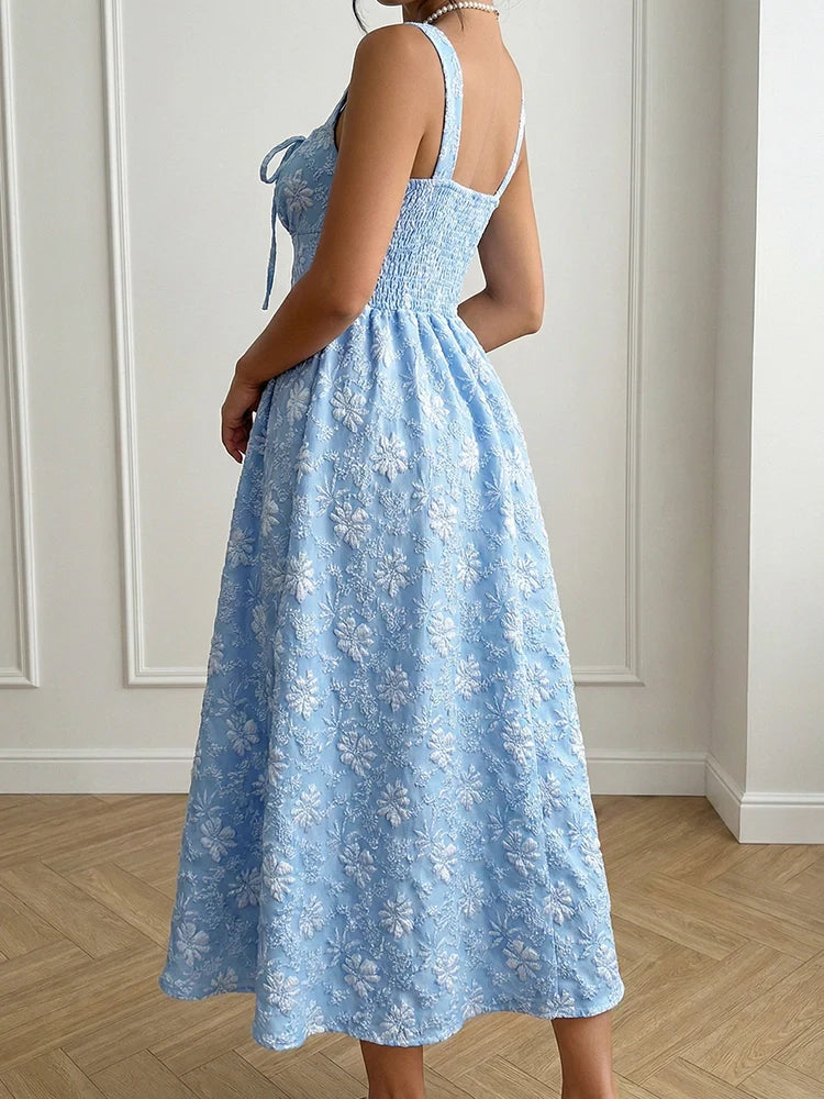 Women's Casual Sleeveless Square Neck Jacquard Flowy Maxi Dress