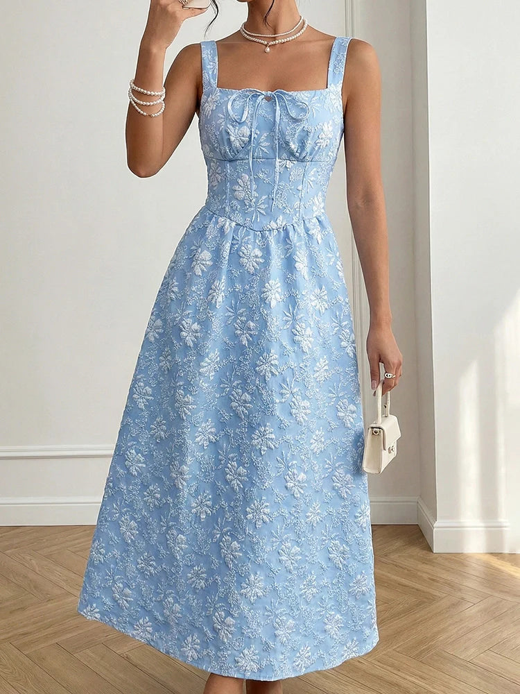 Women's Casual Sleeveless Square Neck Jacquard Flowy Maxi Dress