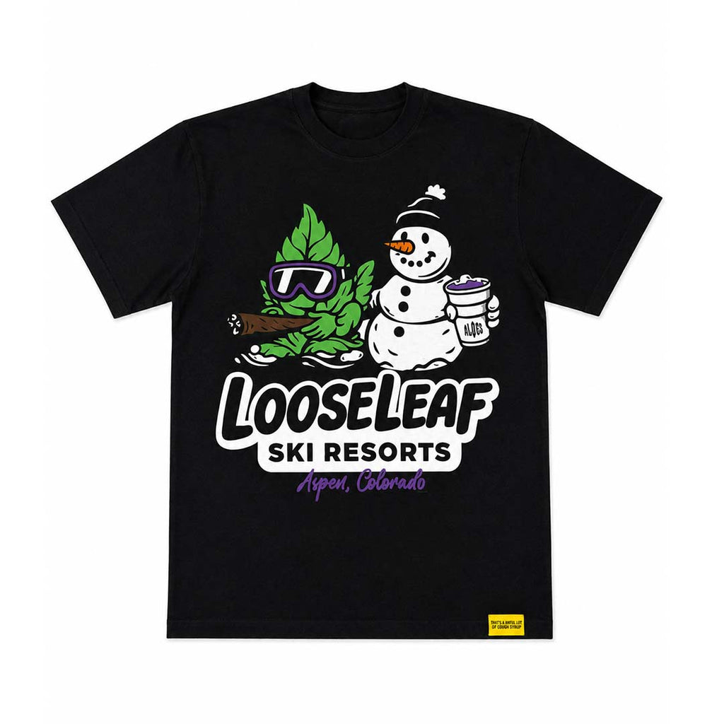 Awful Lot of Cough Syrup Loose Leaf Ski Resorts Black Snowman Tee