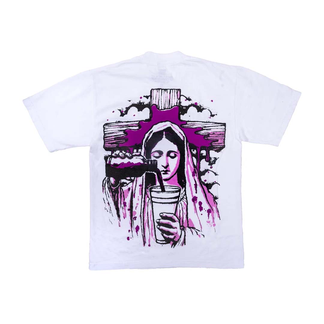 Awful Lot of Cough Syrup Rosary Mary Spell Out White Tee