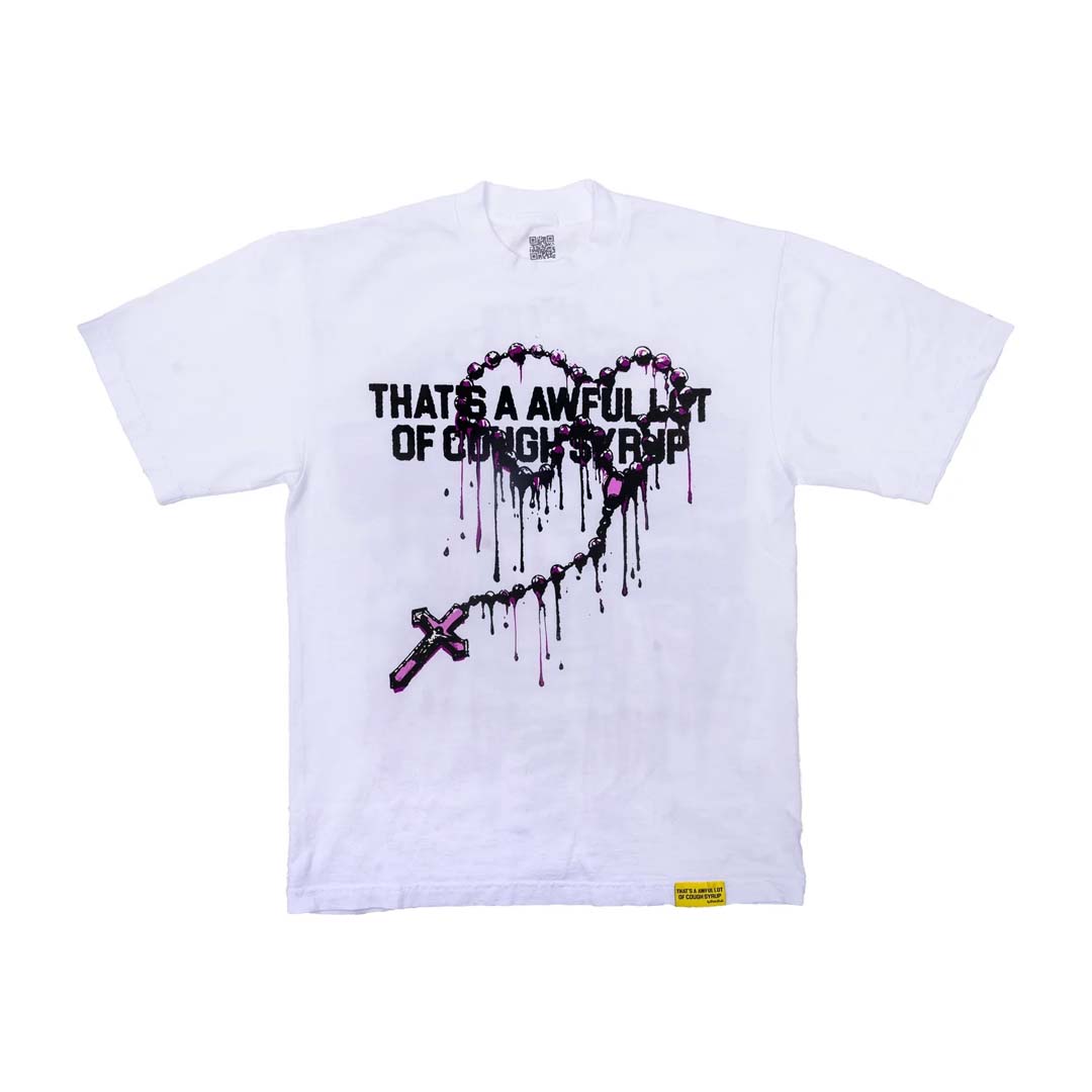 Awful Lot of Cough Syrup Rosary Mary Spell Out White Tee
