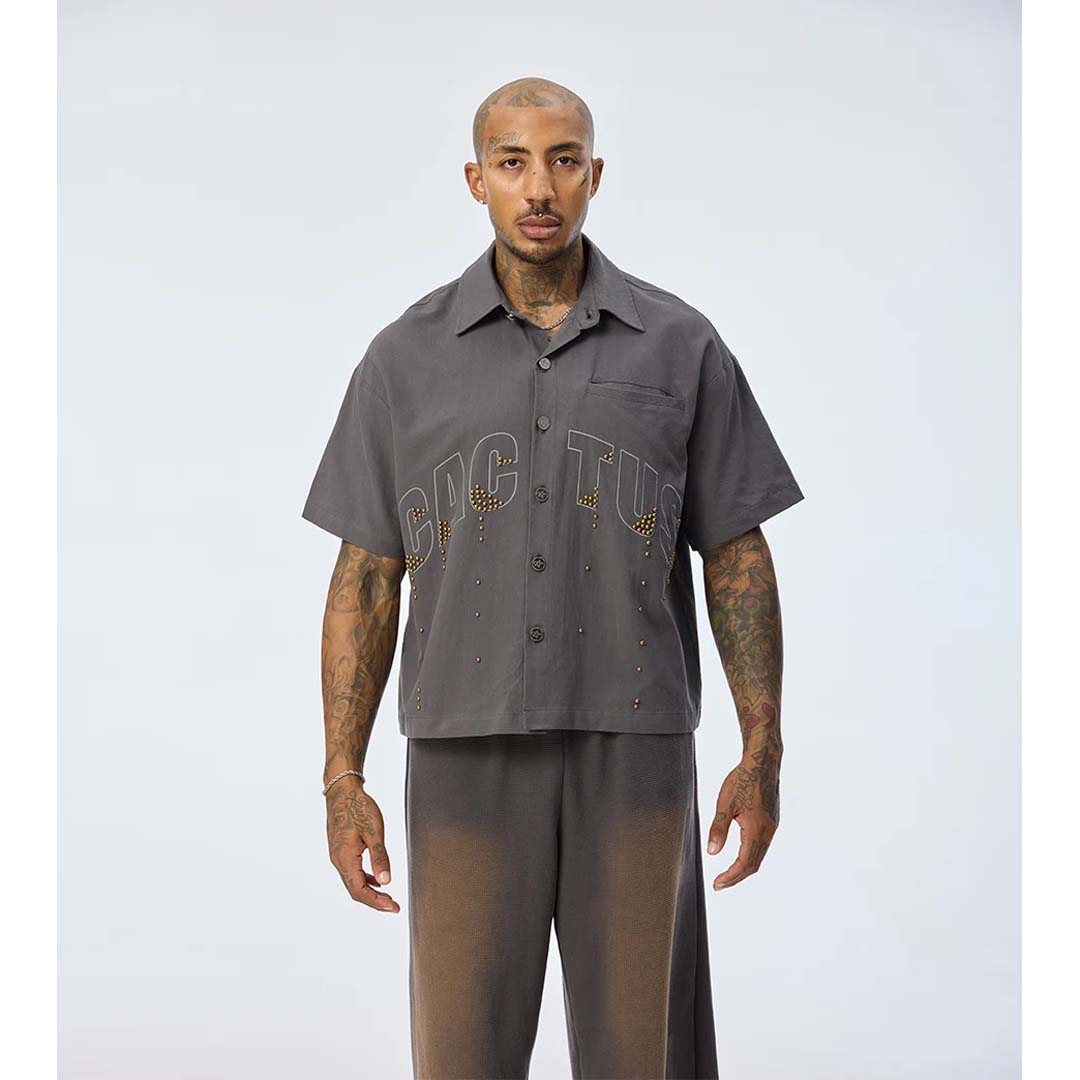 Cactus Valley Studded Grey Button Up Shirt