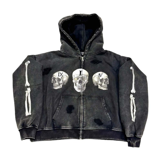 Floor 914 Skull Zip Hoodie Grey Wash
