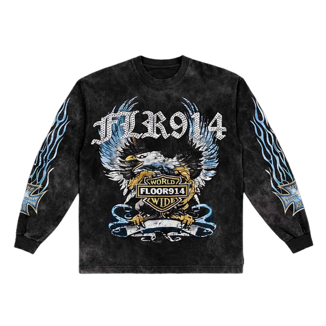 Floor 914 Sky Striker Long Sleeve Tee Black Wash Blue