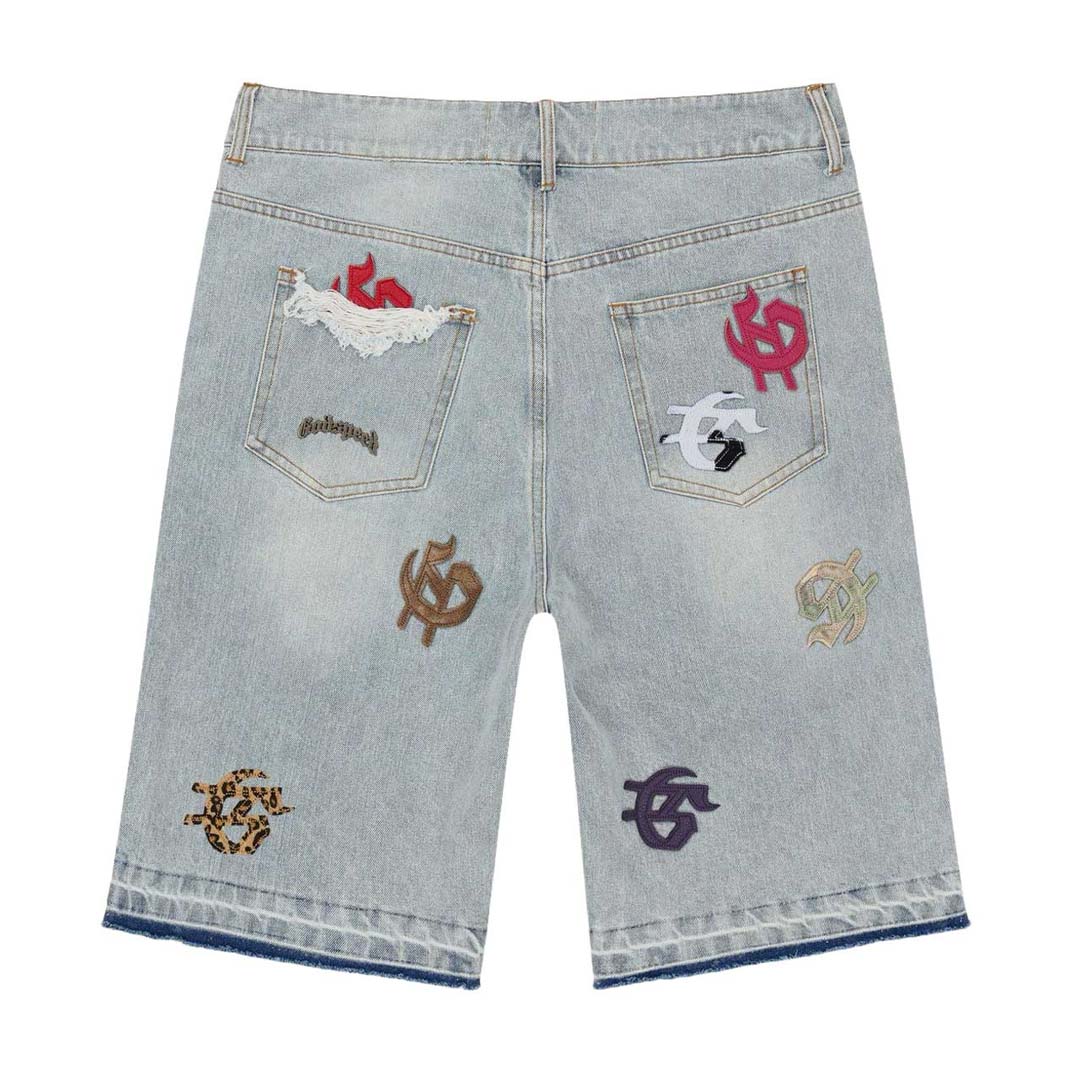 Godspeed Infinity Denim Shorts Blue Multi Color Patches
