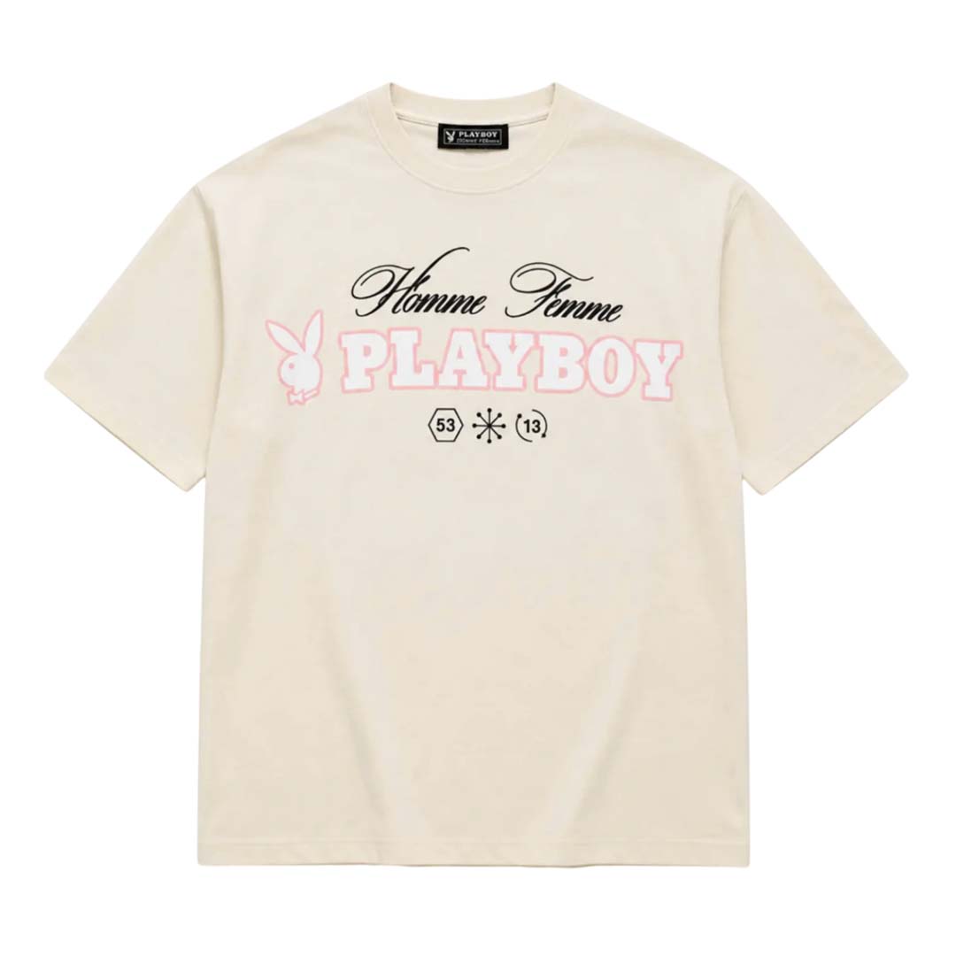Homme Femme Playboy Spell Out Cream Pink Tee