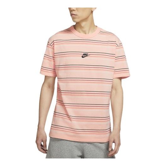 Men's Nike Sportswear Embroidered Logo Stripe Loose Knit Sports Short Sleeve Pink T-Shirt DB6532-800