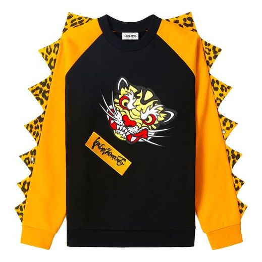 Men's KENZO SS21 Leopard print Printing Splicing ribbed raglan sleeve Black FB55SW3624MH-99