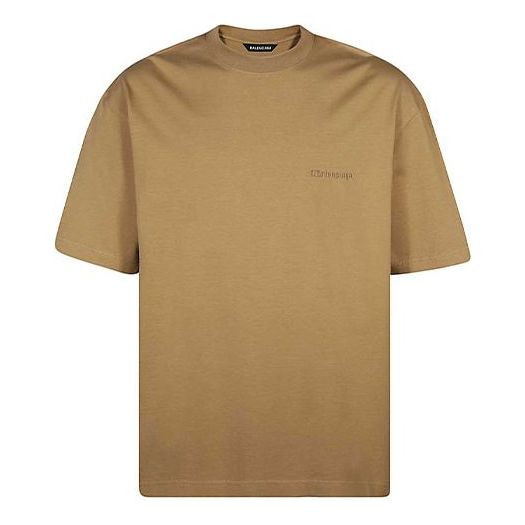 Men's Balenciaga SS21 Loose Round Neck Alphabet Embroidered Logo Short Sleeve Khaki 612966TJV879504