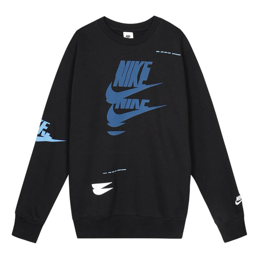 Nike Sportswear Sport Logo Printing Fleece Round Neck Pullover 'Black Blue' DM6876-010