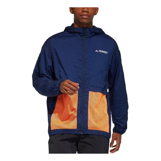 adidas Terrex Bao Pack Windb Outdoor Sports Mesh Contrasting Colors Pocket Hooded Jacket Navy Blue GN7600