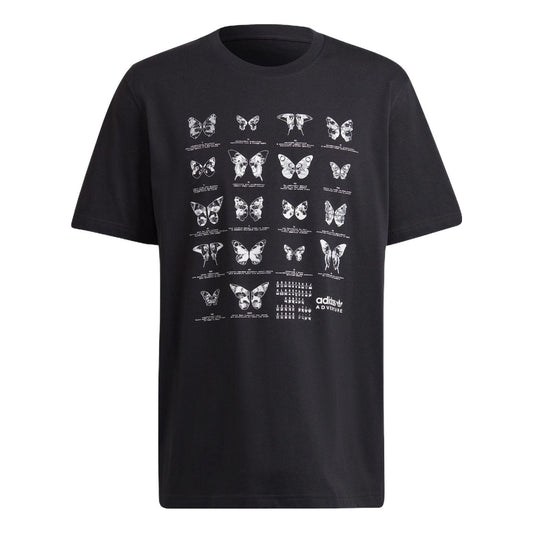 Men's adidas originals Butterfly Printing Casual Sports Loose Short Sleeve Black T-Shirt HF4802