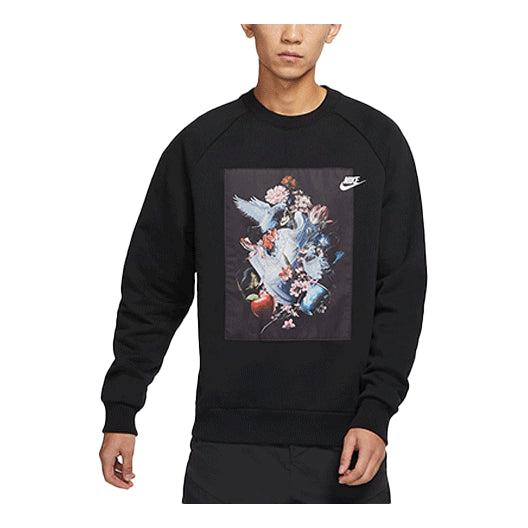 Men's Nike AF-1 Pattern Splicing Fleece Knit Round Neck Pullover Black DD6516-010