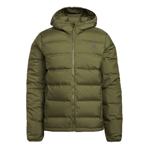 Men's adidas Logo Long Sleeves Hooded Stay Warm With Down Feather Green Jacket GU3954