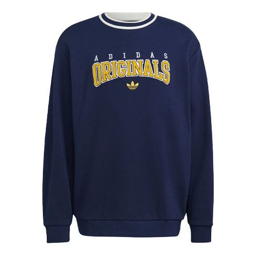 Men's adidas originals SCRIPT CREW Printing Sports Round Neck Navy Blue HF9224