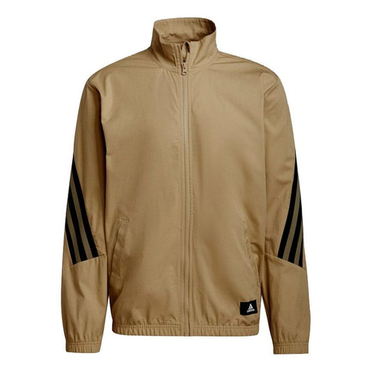 adidas M Future Icon Contrasting Colors Stripe Splicing Woven Stand Collar Sports Logo Jacket Khaki GT0118