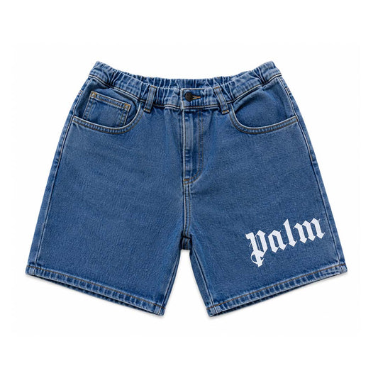 Palm Angels KIDS Logo Over Denim Shorts Blue White