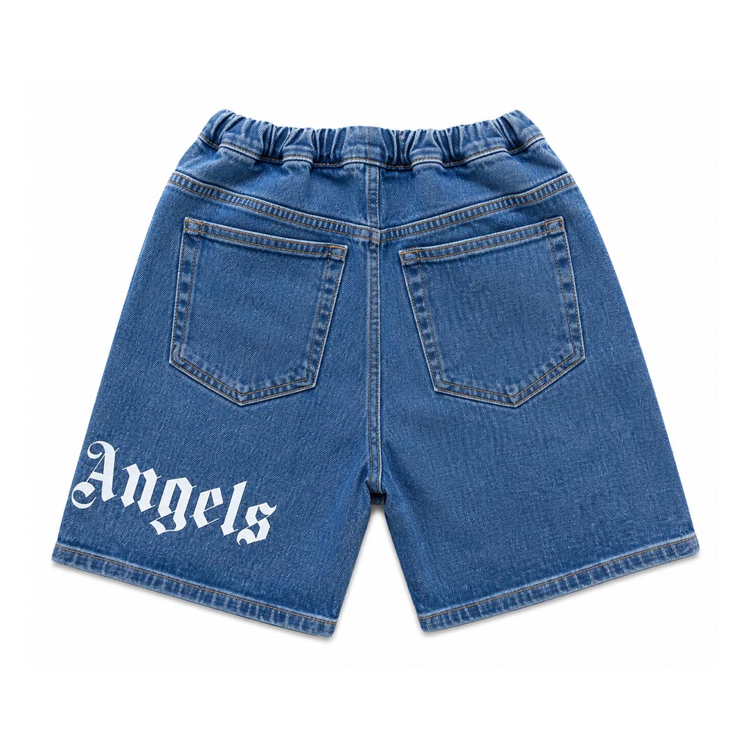 Palm Angels KIDS Logo Over Denim Shorts Blue White