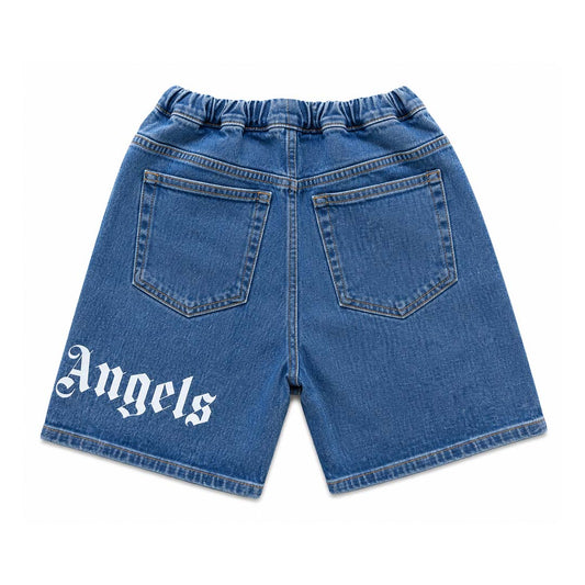 Palm Angels KIDS Logo Over Denim Shorts Blue White