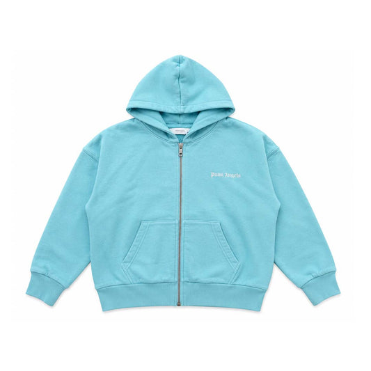 Palm Angels KIDS Over Logo Cotton Zip Hoodie Light Blue White