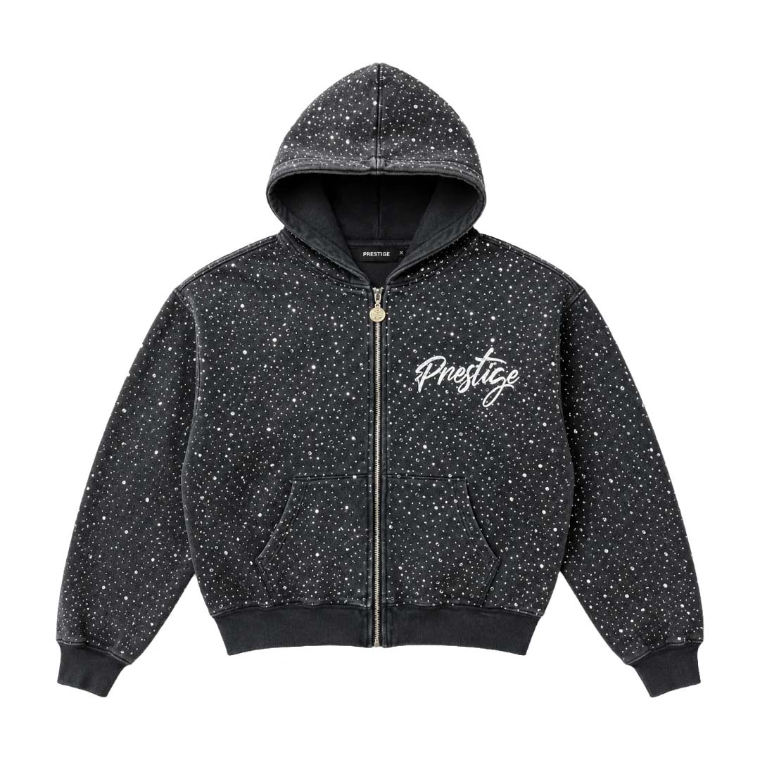 Prestige Diamond Rhinestone Zip Up Hoodie Black