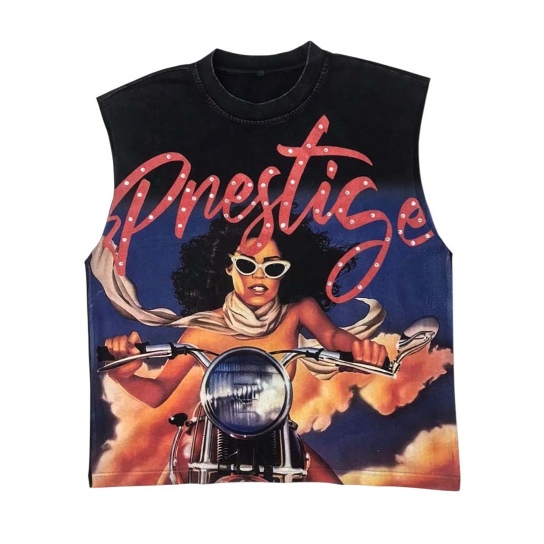 Prestige Lady Motor Rhinestone Sleeveless Black Tee