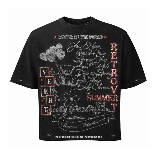 Retrovert Rhinestone Teddy Tee Distressed Black
