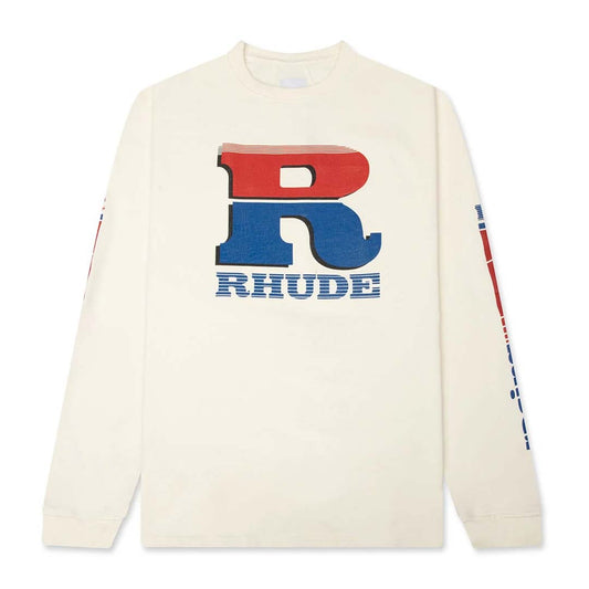 Rhude Split Petrol Logo Long Sleeve Tee Vintage White Red